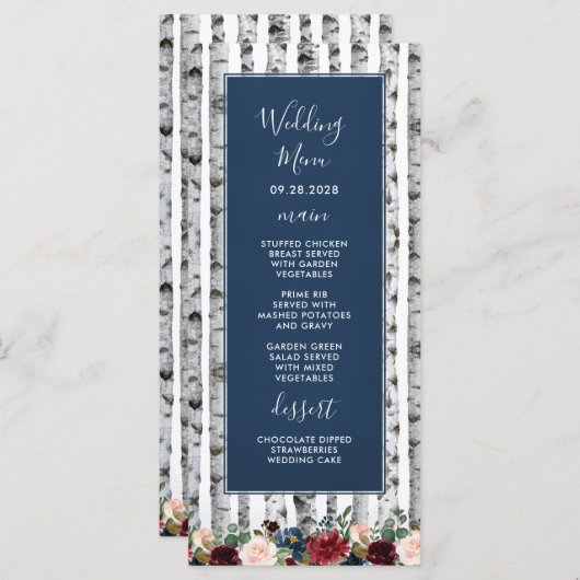 Berkenbomen Navy Blue Bourgondische bruiloft Menu  (Voorkant / Achterkant)