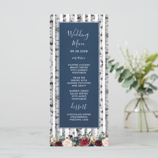 Berkenbomen Navy Blue Bourgondische bruiloft Menu  (Staand voorkant)