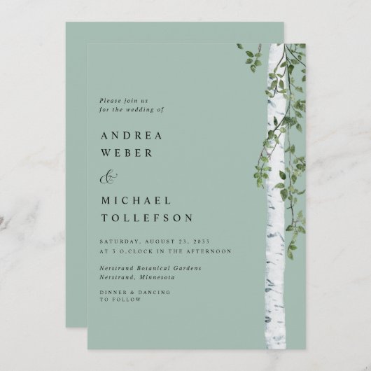 Berkenboom Aspen groen Salie bruiloft uitnodiging (Voorkant / Achterkant)
