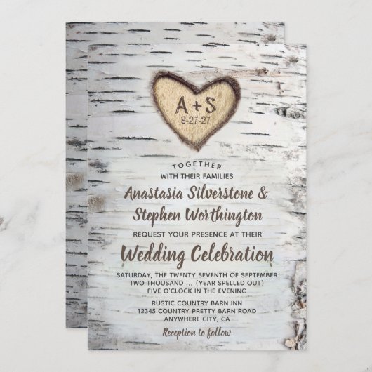 Berkenboom Bark Rustiek Land Bruiloft Uitnodiginge Kaart (Voorkant / Achterkant)