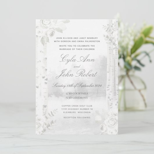 Berkenboom bos bruiloft kaart (Staand voorkant)