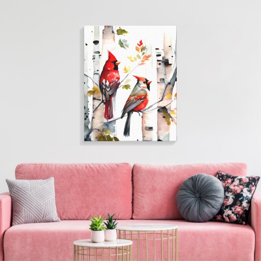 Berkenboom en kardinalen Canvas Art (Insitu (Woonkamer))
