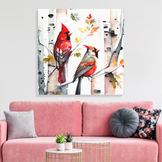 Berkenboom en kardinalen Canvas Art (Insitu (Woonkamer))