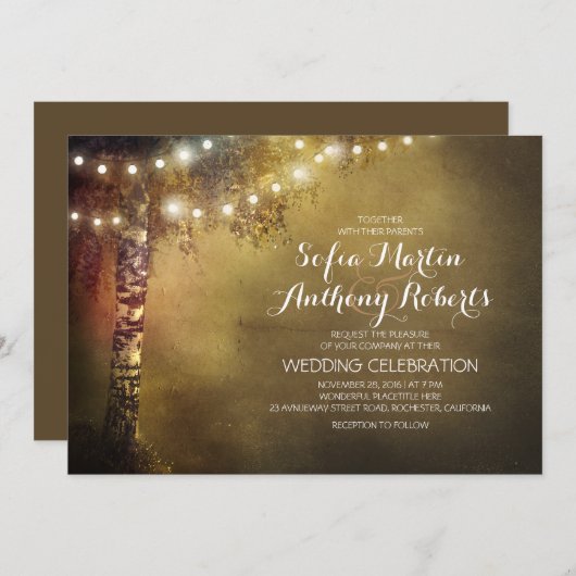 Berkenboom en String Lights bruiloft uitnodiging (Voorkant / Achterkant)