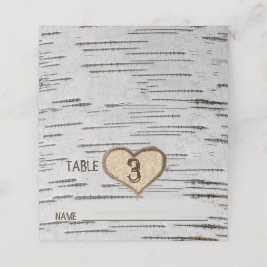 Berkenboom hart initialen rustieke bruiloft plaatskaartje (Buitenkant ongevouwen)