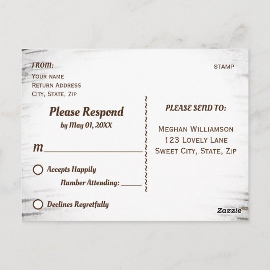 Berkenboom hart initialen rustieke bruiloft RSVP Briefkaart (Achterkant)