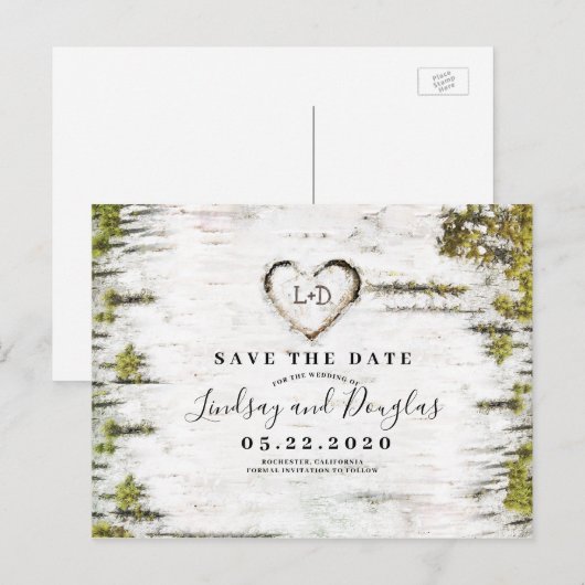 Berkenboom Hart Rustiek Save the Date Aankondigingskaart (Voorkant / Achterkant)