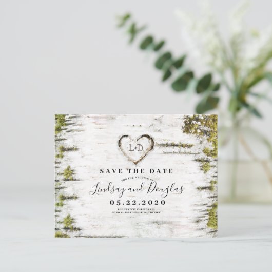 Berkenboom Hart Rustiek Save the Date Aankondigingskaart (Staand voorkant)