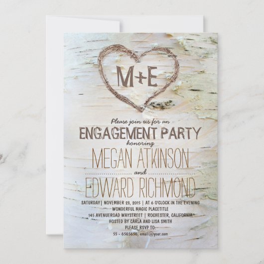 Berkenboom hart rustieke verlovingsfeest nodigt ui kaart (Voorkant)