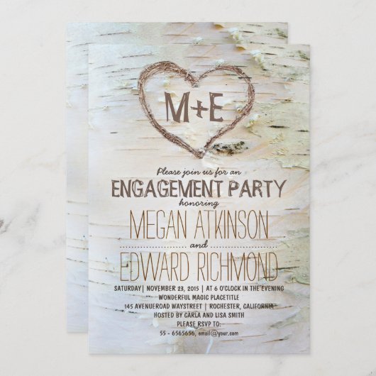 Berkenboom hart rustieke verlovingsfeest nodigt ui kaart (Voorkant / Achterkant)