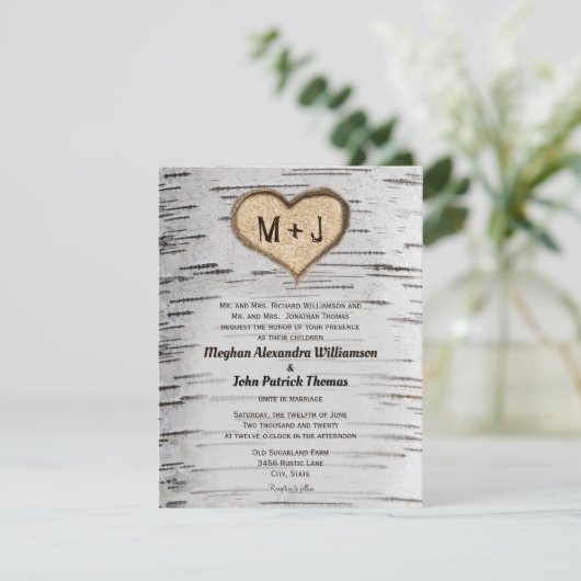 Berkenboom Initialen Hart Rustiek Land Bruiloft Kaart (Staand voorkant)