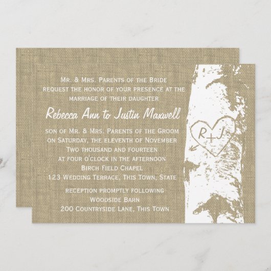 Berkenboom met gebeeldhouwd hart en Initialen Kaart (Voorkant / Achterkant)