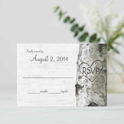 Berkenboom met gesneden hart RSVP Kaartje (Staand voorkant)