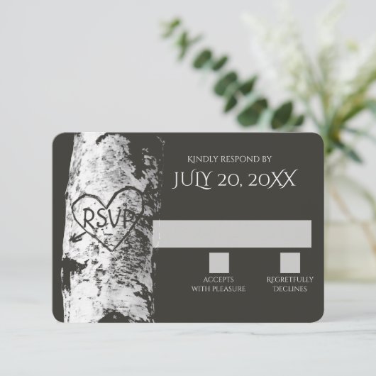 Berkenboom met gesneden hart RSVP Kaartje (Staand voorkant)