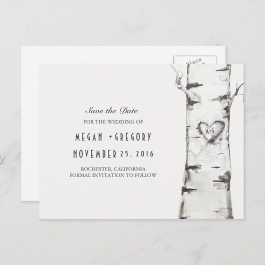 Berkenboom rustiek hout hart opslaan van de datum aankondigingskaart (Voorkant / Achterkant)