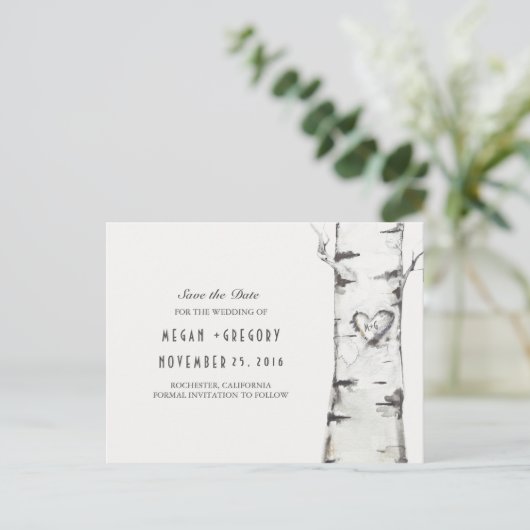Berkenboom rustiek hout hart opslaan van de datum aankondigingskaart (Staand voorkant)