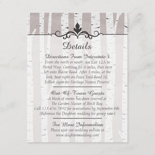 Berkenboom rustieke bruiloft details / routebeschr informatiekaartje (Voorkant)