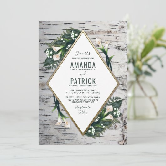 Berkenboom rustieke Calla Lily bruiloft uitnodigin Kaart (Staand voorkant)