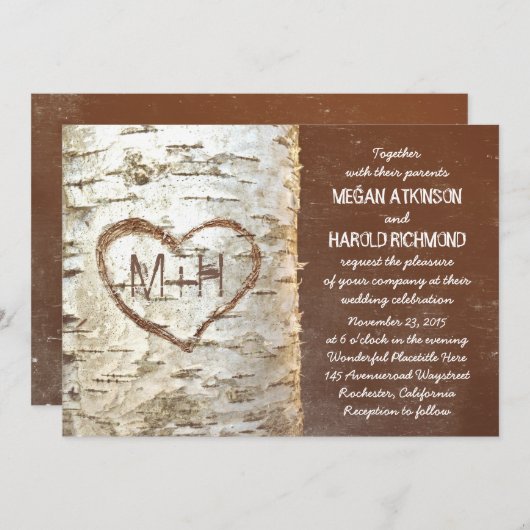 Berkenboom schors hart rustieke bruiloft uitnodigi kaart (Voorkant / Achterkant)