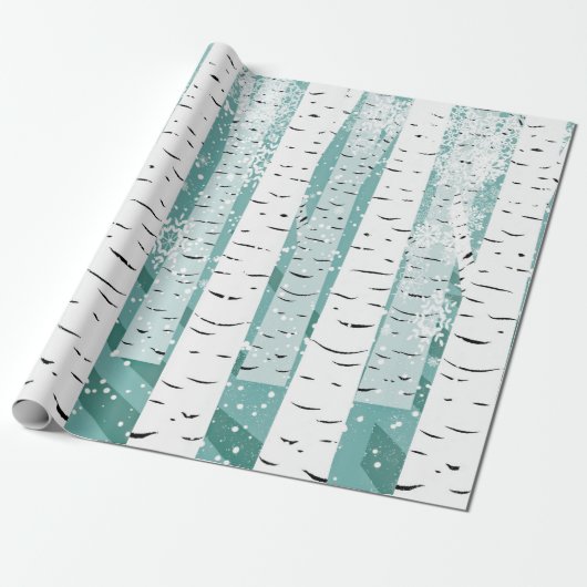 Berkenboom Witte Schors op Blauwe Winter Cadeaupapier (Uitgerold)