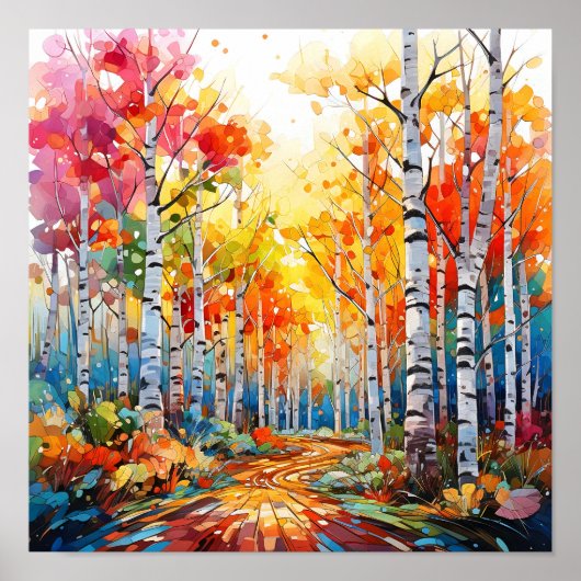 Berkenbos levendige kleuren schilderij Poster (Voorkant)