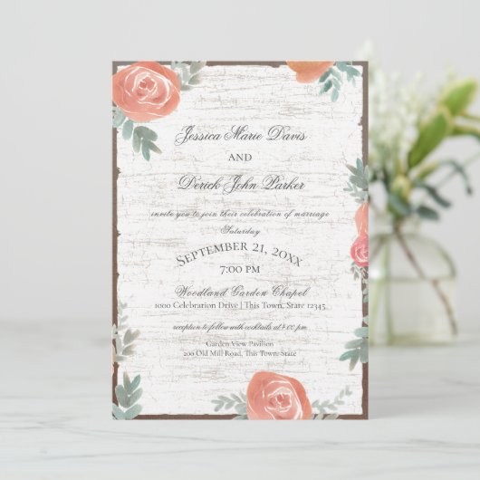 Berkenhout en Rozen Bruiloft Kaart (Staand voorkant)