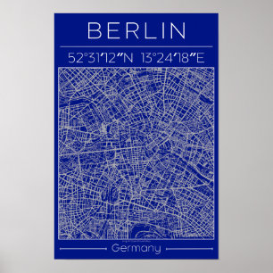 Berlijn Blauwdruk Stadkaart Poster Blauw Minimal U