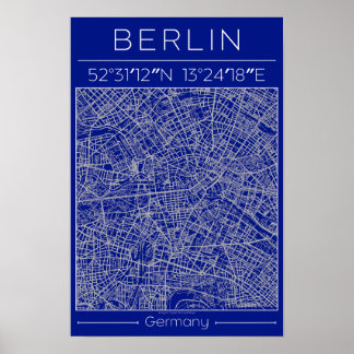 Berlijn Blauwdruk Stadkaart Poster Blauw Minimal U