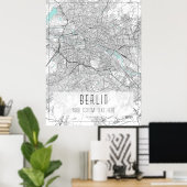 Berlijn Stadsplattegrond, Zwart, Wit en Blauw Poster (Thuiskantoor)