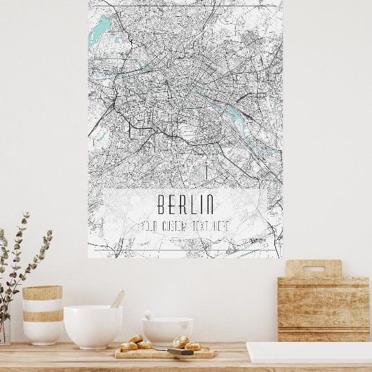 Berlijn Stadsplattegrond, Zwart, Wit en Blauw Poster (Keuken)