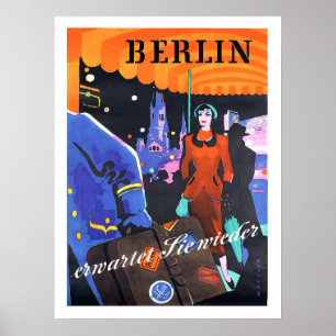Berlijn, vrouw voor een hotel, vintage, reizen poster