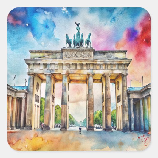 Berlijnse Brandenburger Tor Waterverf Schilderij Vierkante Sticker (Voorkant)