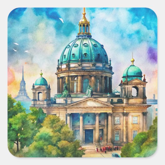 Berlijnse Dome Waterverf Schilderij Vierkante Sticker (Voorkant)