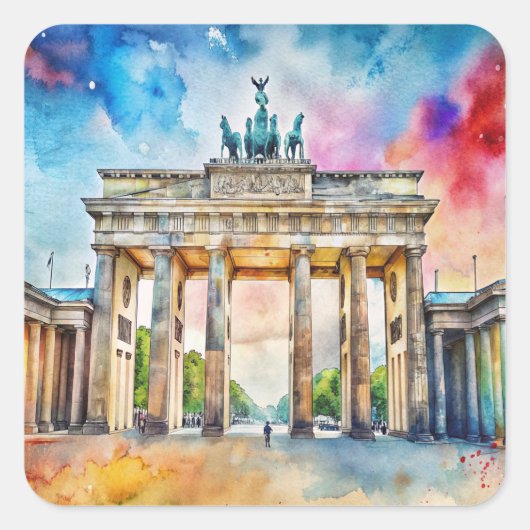 Berlin Gate Waterverf Schilderij Vierkante Sticker (Voorkant)