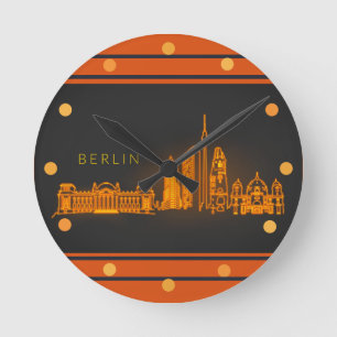 Berlin Skyline Oranje Neon Kijk Cityscape Wall Ronde Klok