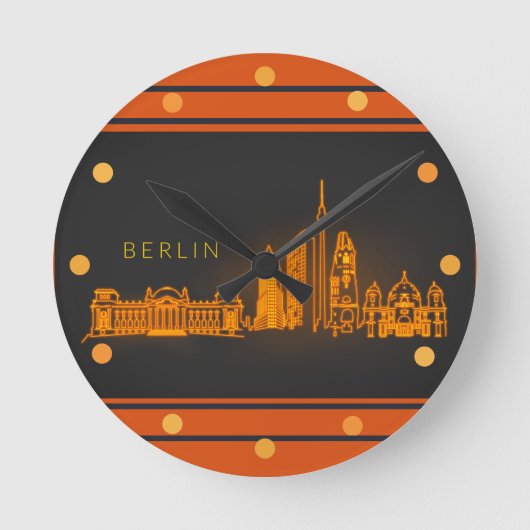 Berlin Skyline Oranje Neon Kijk Cityscape Wall Ronde Klok (Voorkant)