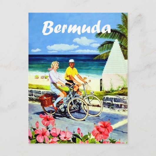 Bermuda, een paar fietsen nabij strand, vintage briefkaart (Voorkant)