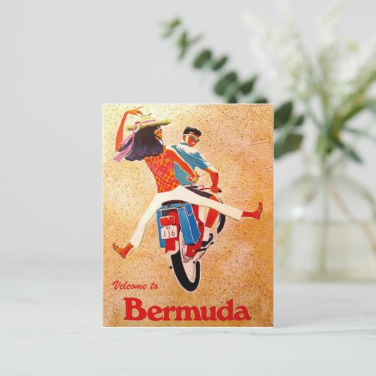 Bermuda, gelukkig stel op motorfiets rijden briefkaart (Staand voorkant)