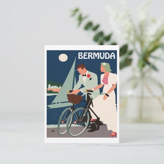 Bermuda, jong stel met fietsen langs de kust briefkaart (Staand voorkant)