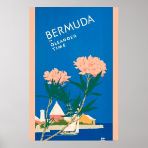 Bermuda Vintage Travel Beach Pink Flowers Poster
