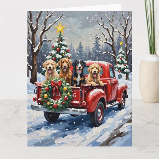 Bernedoodle Christmas Red Truck Holiday Kaart (Voorkant)