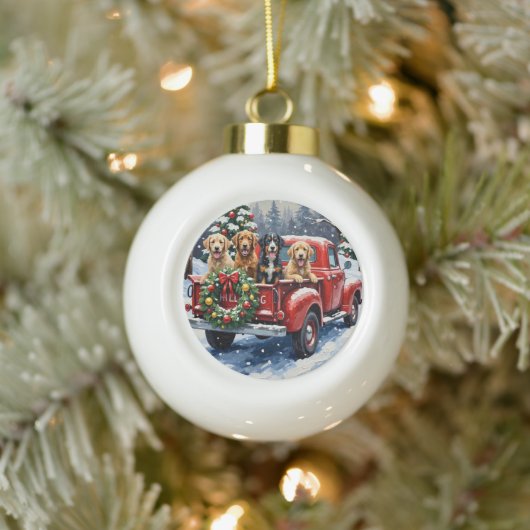 Bernedoodle Christmas Red Truck Holiday Keramische Bal Ornament (Boom)