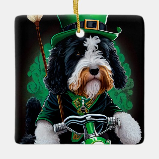 Bernedoodle Dog fiets St. Patrick's Day Keramisch Ornament (Voorkant)