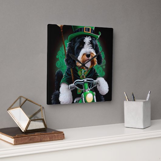 Bernedoodle Dog fiets St. Patrick's Day Vierkante Klok (Kantoor)