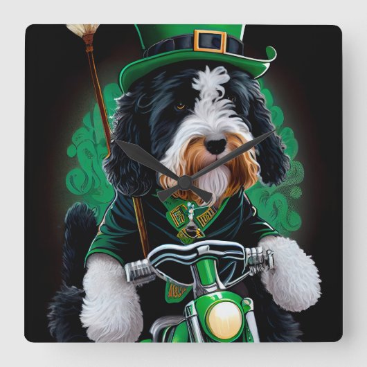 Bernedoodle Dog fiets St. Patrick's Day Vierkante Klok (Voorkant)