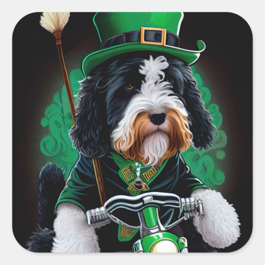 Bernedoodle Dog fiets St. Patrick's Day Vierkante Sticker (Voorkant)