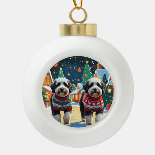 Bernedoodle Dogs Christmas Snow Holiday Keramische Bal Ornament (Voorkant)