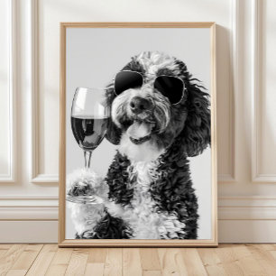 Bernedoodle Drinkende Wijn Muurkunst, Zwart en Wit Poster