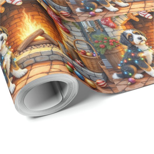 Bernedoodle Fireplace with Christmas Lights Cadeaupapier (Rol Hoek)