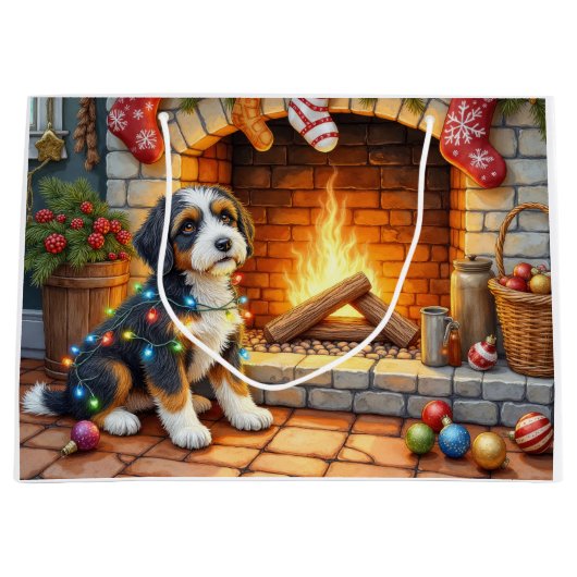 Bernedoodle Fireplace with Christmas Lights Groot Cadeauzakje (Voorkant)
